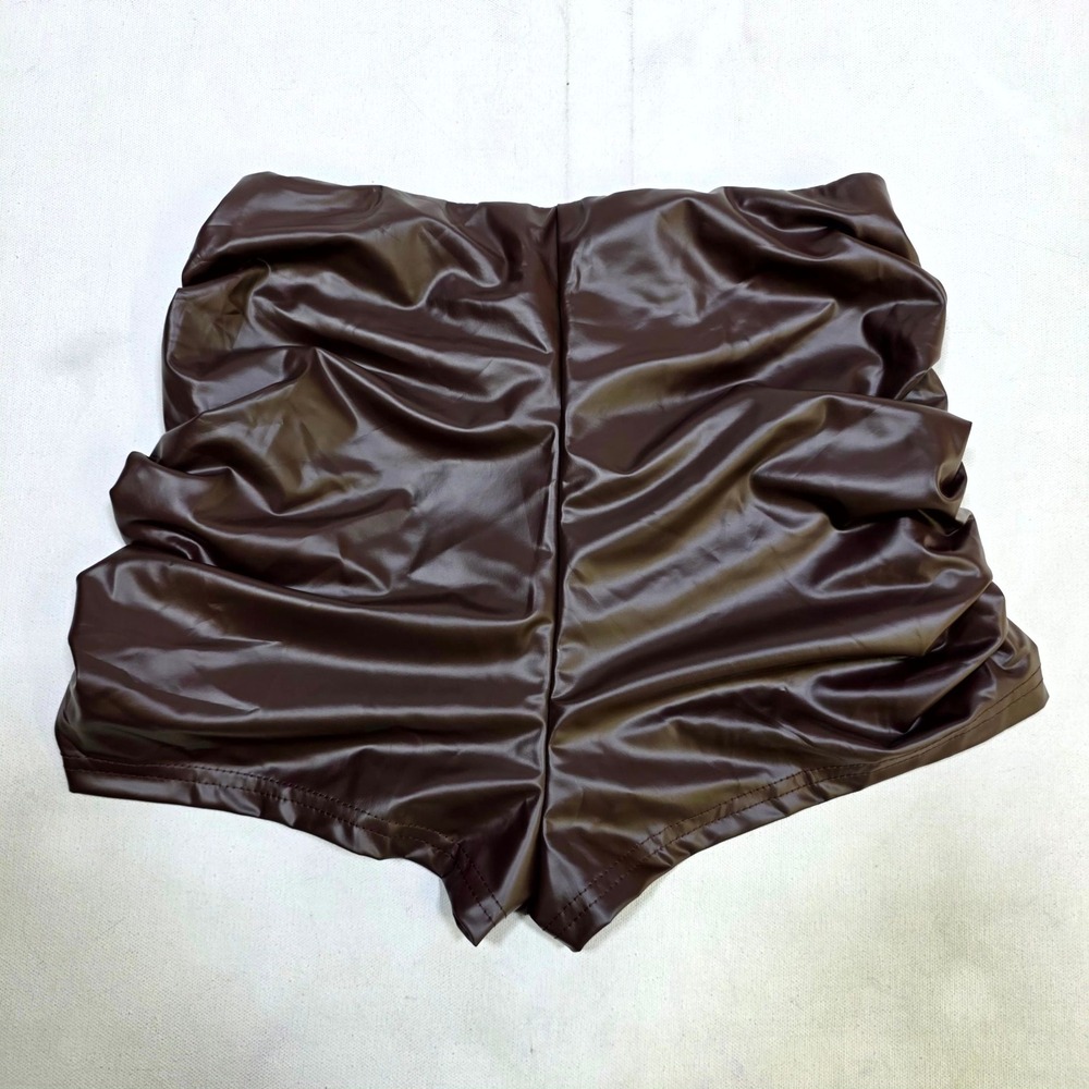 WDIRARA Faux Leather Shorts Womens M Brown Ruched High Waisted Clubwear 79619